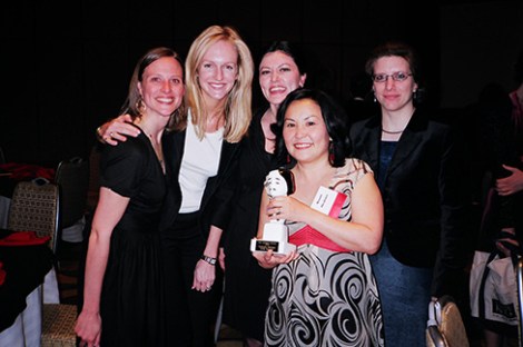 2007, New York City: Hirahara received an Edgar Award for Best Paperback Original for her third mystery novel Snakeskin Shamisen. Third from left behind her: Shannon Jamieson Vazquez, who edited the novel and is her editor at Penguin Berkley Prime Crime for her latest Officer Ellie Rush mystery series