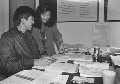 1994, Los Angeles: Hirahara as English section editor of the Rafu Shimpo with Japanese section editor Yukikazu Nagashima