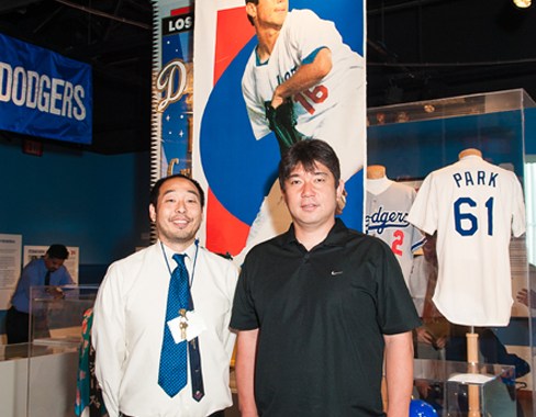 Sakai in July with former Dodgers pitcher Hideo Nomo (photo by Michael Palma)