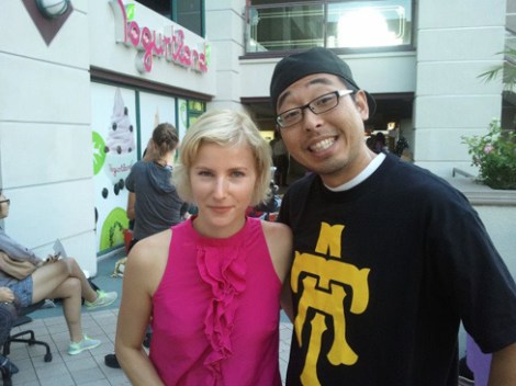 Sakai on set of his film "Monster & Me" (2013) with producer Berenika Bailey